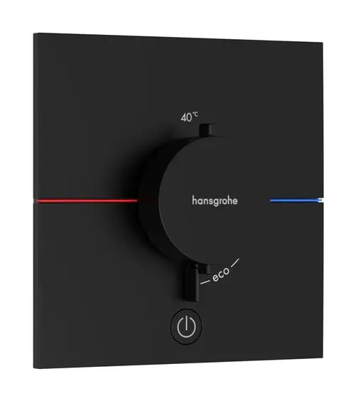Thermostat in mattschwarz von Hansgrohe mit Drehknopf zur Temperatureinstellung und einem Eco-Modus. Anzeige für die Wassertemperatur und ein Ein-/Ausschalter sind vorhanden.